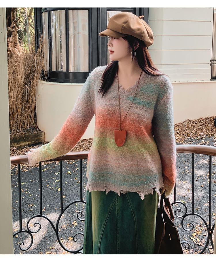 Long-Sleeve V-Neck Tie-Dyed Distressed Sweater Product Image