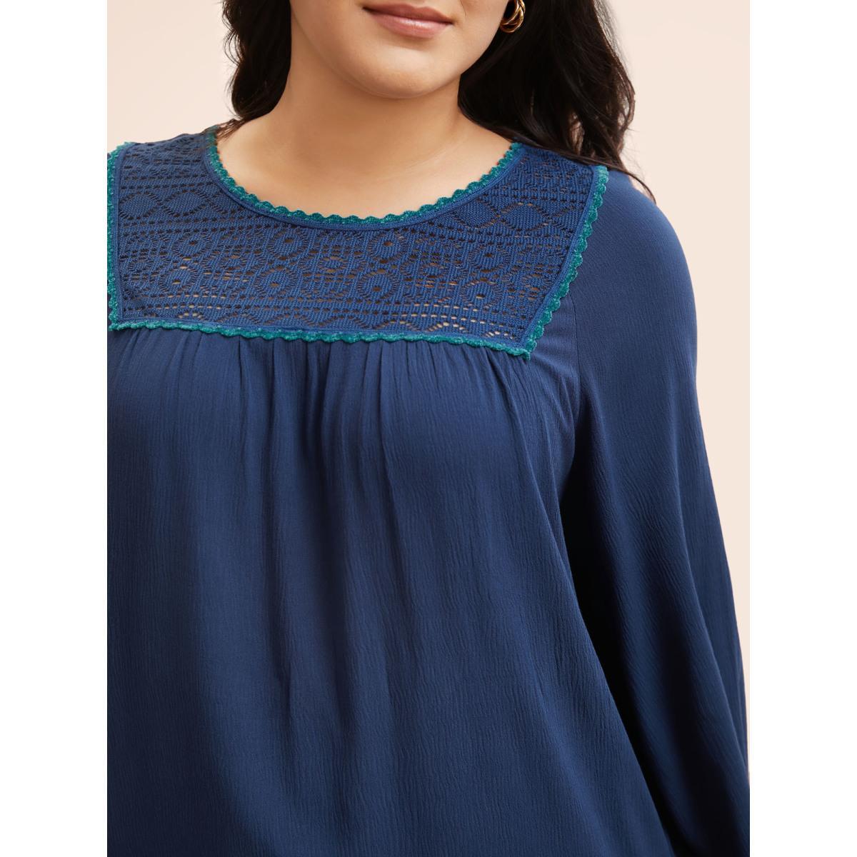 Plus Size Indigo Texture Woven Ribbon Gathered Blouse Women Elegant Long Sleeve Round Neck Everyday Blouses BloomChic 30/6X Product Image