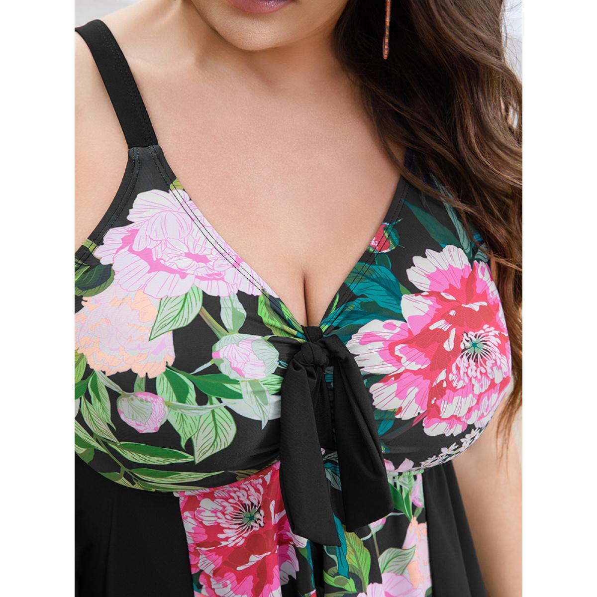 Plus Size Floral Patchwork Ruffle Knotted Swim Dress Women's Swimwear BlackFlower Vacation Bodycon V-neck High stretch Curve Swim Dresses BloomChic 18-20/2X Product Image