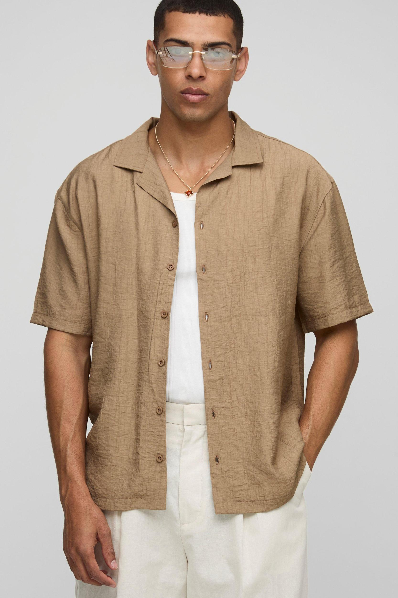 Crinkle Oversized Revere Short Sleeve Shirt | boohooMAN USA Product Image
