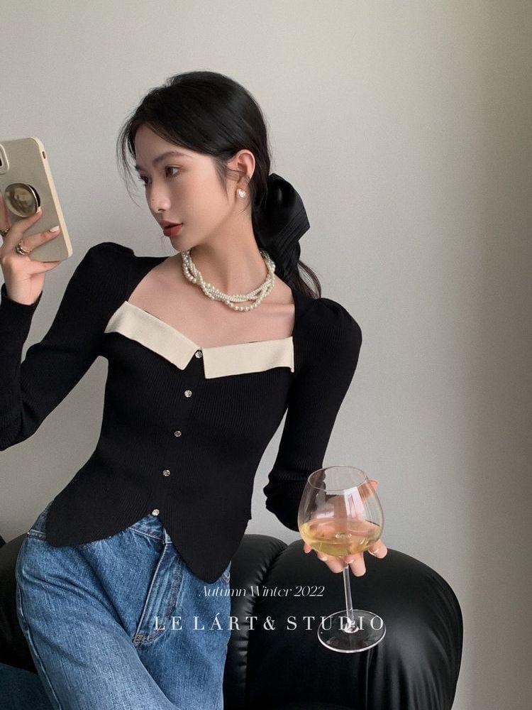 Long-Sleeve Two Tone Button Ribbed Knit Top Product Image