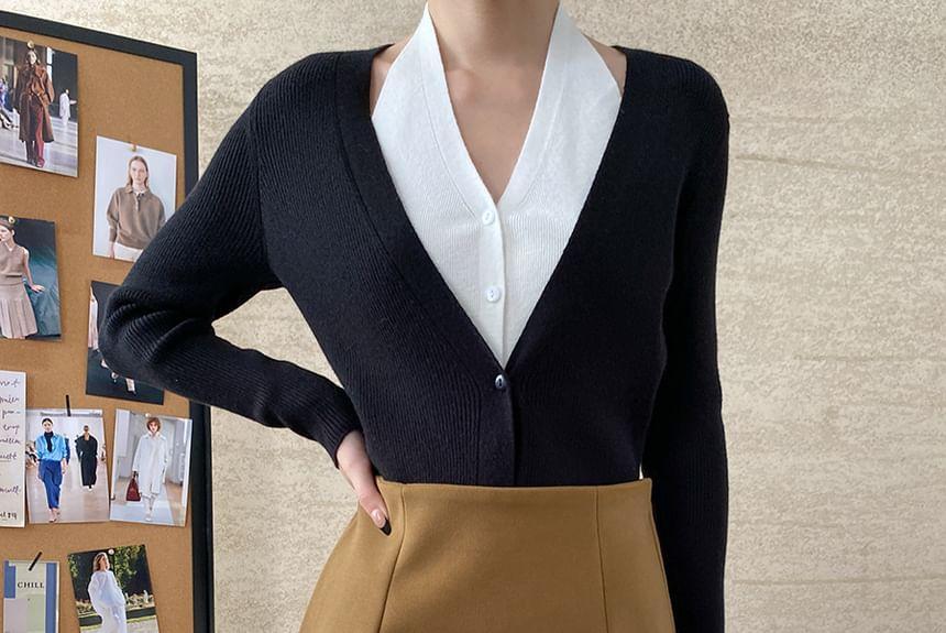 Long Sleeve Halter Mock Two Piece Button Knit Top Product Image