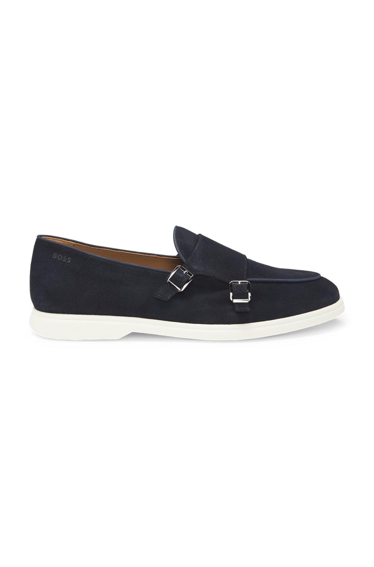 BOSS - Suede monk shoe with contrast outsole - Dark Blue Product Image