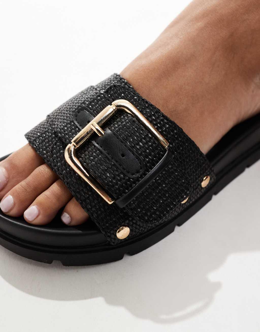 London Rebel Wide Fit buckle detail studded sandals in raffia black Product Image