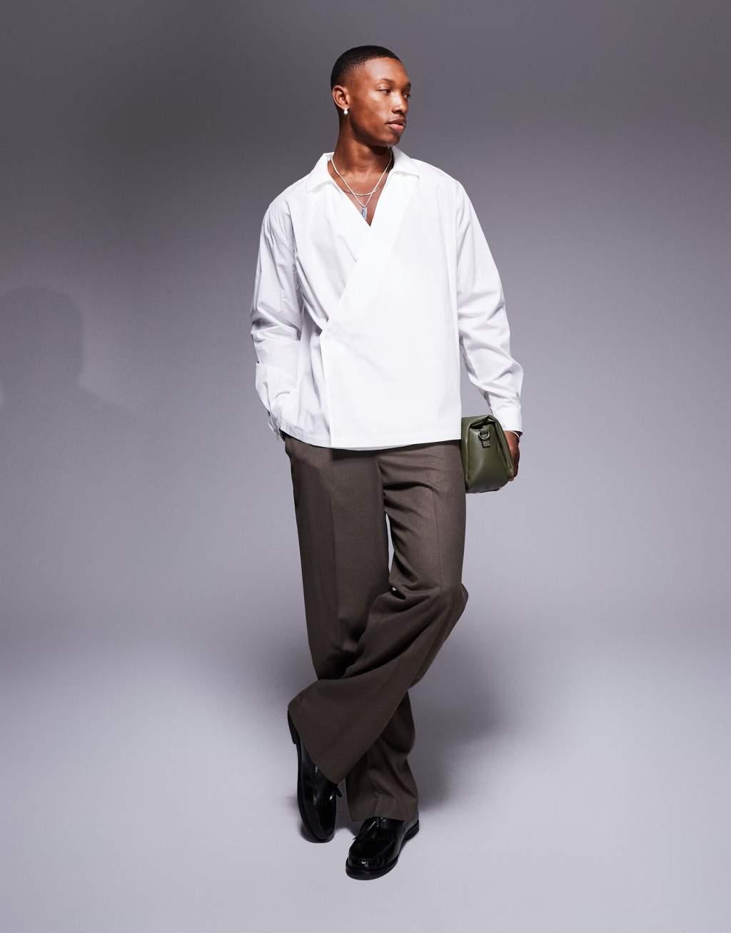 ASOS DESIGN long sleeve wrap shirt in white Product Image