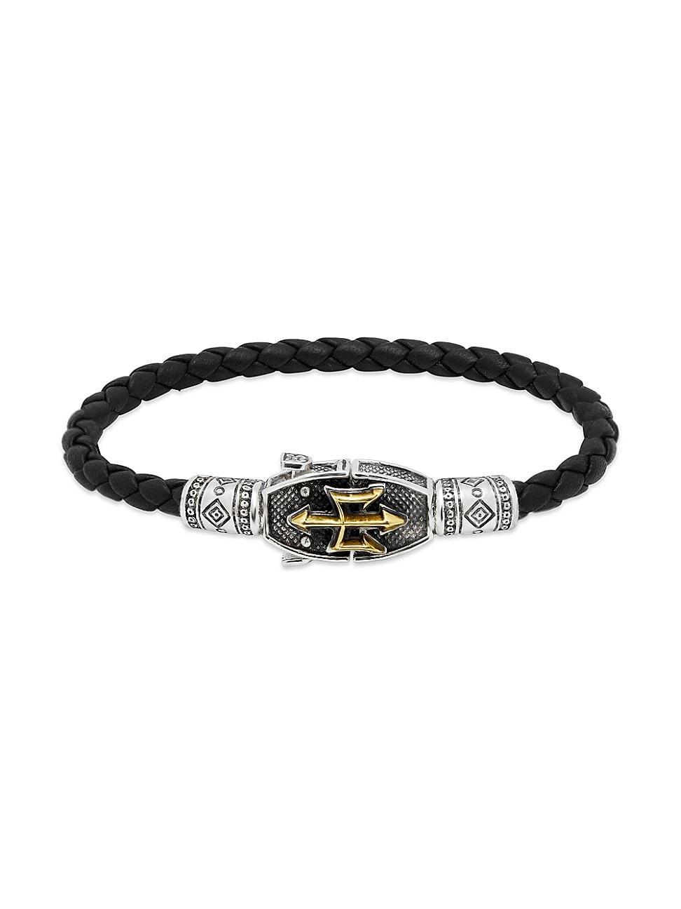 Womens Perseus Sterling Silver & Bronze Woven Leather Trident Bracelet Product Image
