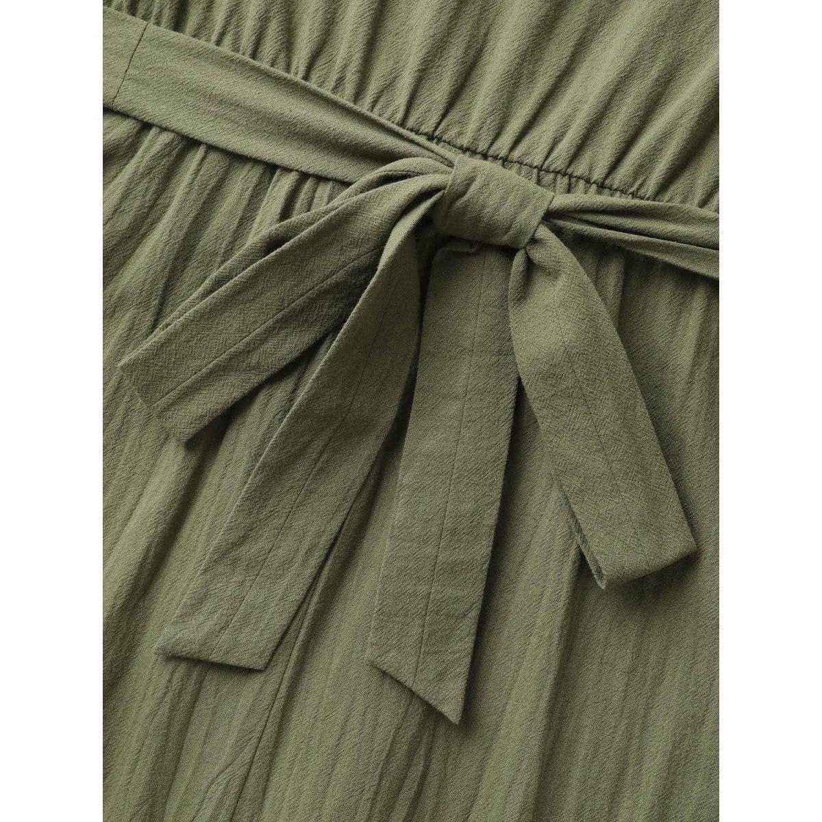 Plus Size Cotton Back-Tie Overlap Shirt Dress ArmyGreen Women Tie knot Shirt collar Short sleeve Curvy BloomChic 26/4X Product Image