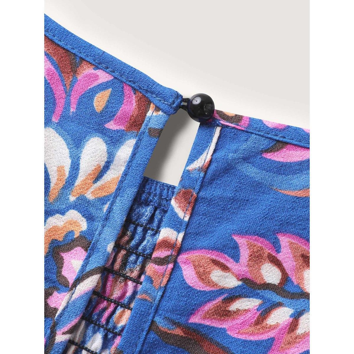 Plus Size DarkBlue Floral Shirred Bodice Pockets Jumpsuit Women Cap Sleeve Round Neck Vacation Loose Jumpsuits BloomChic 14-16/1X Product Image