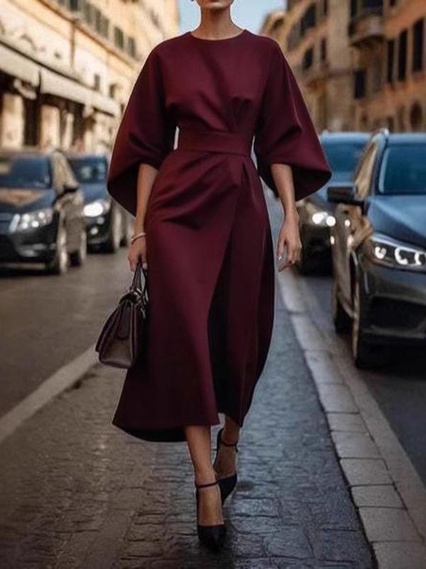 Loose Puff Sleeves Pleated Solid Color Split-Joint Round-Neck Midi Dresses Product Image