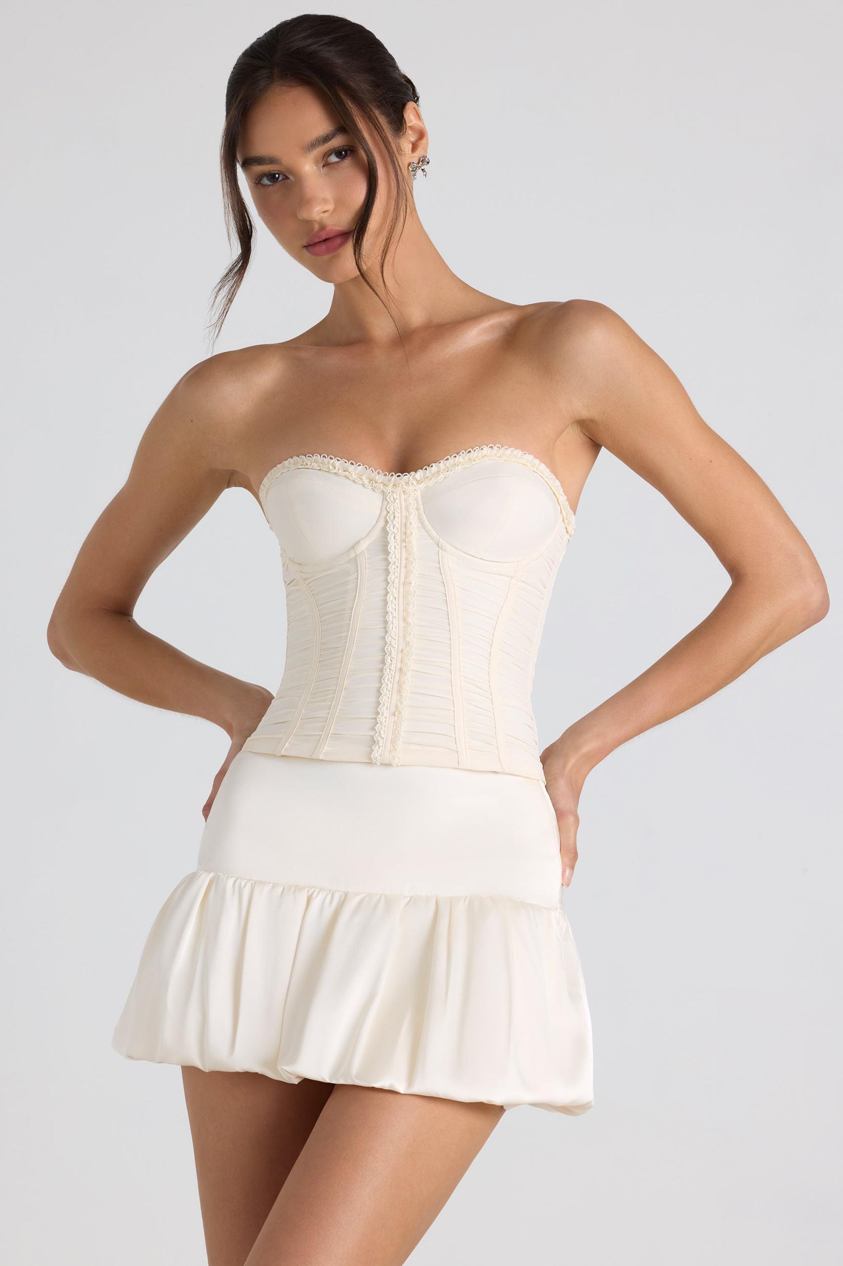 Ruched Lace-Up Strapless Corset Top in Ivory Product Image