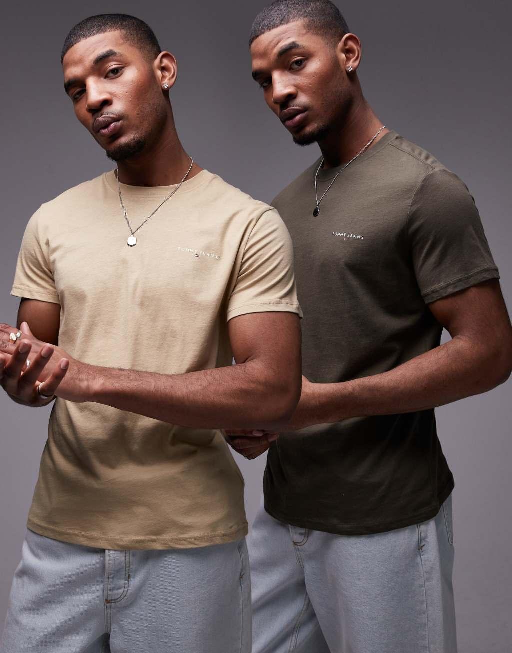 Tommy Jeans 2-pack linear logo T-shirts in khaki and beige Product Image