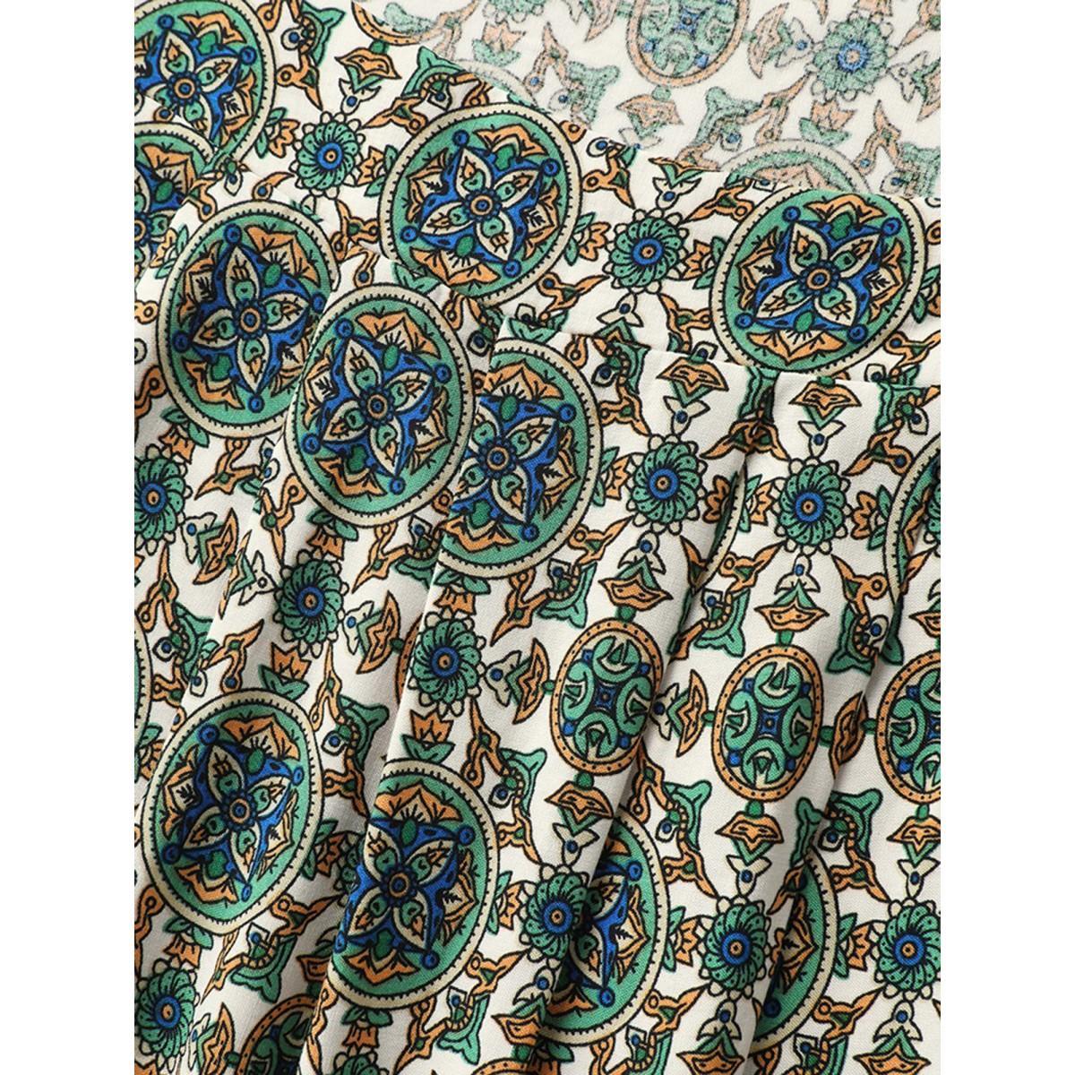 Plus Size Floral Print Pleated Neckline Tank Top Women Teal Pleated Square Neck Vacation Tank Tops Camis BloomChic 10/M Product Image