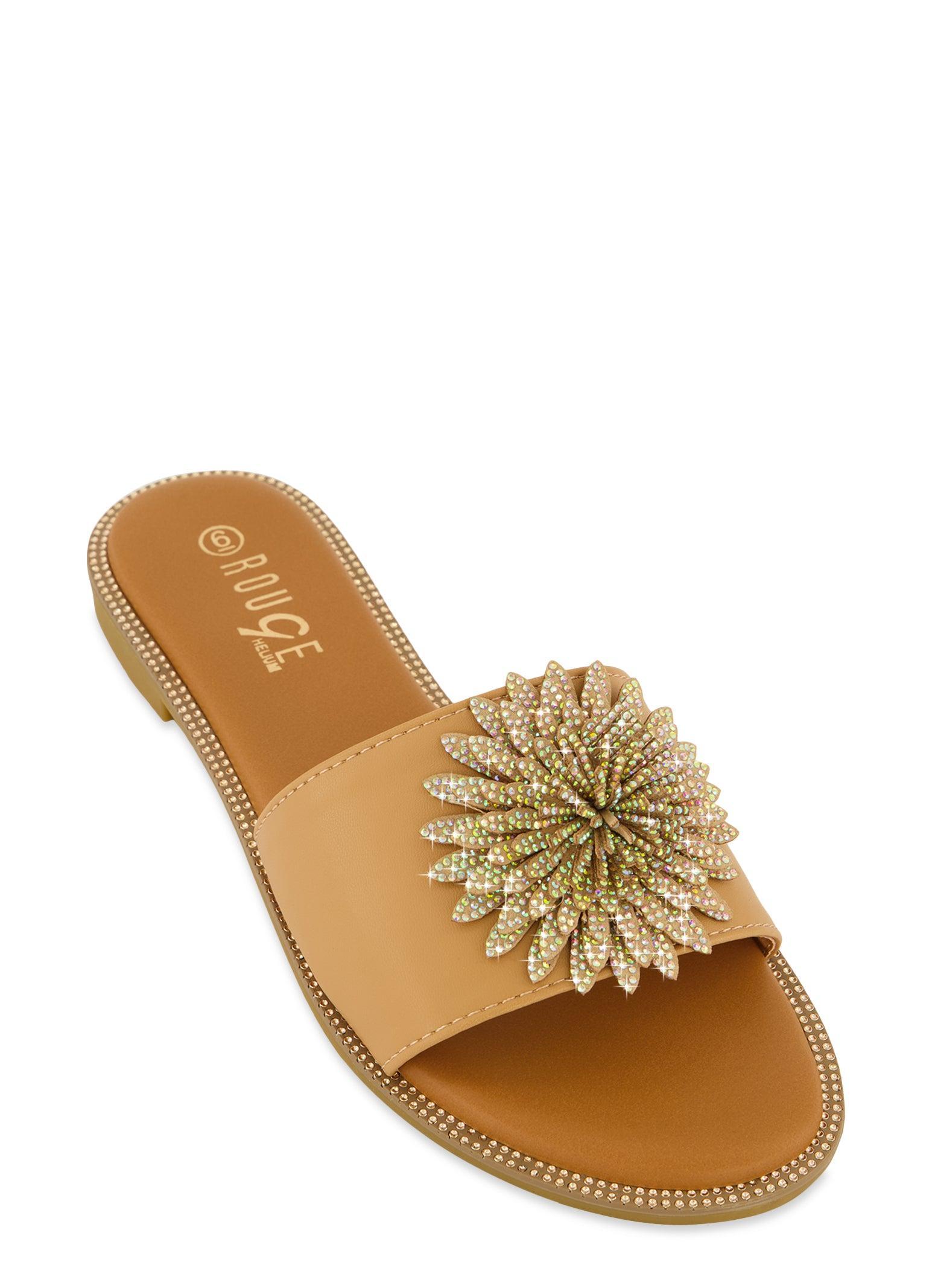 Womens Rhinestone Studded 3D Floral Band Slide Sandals Product Image