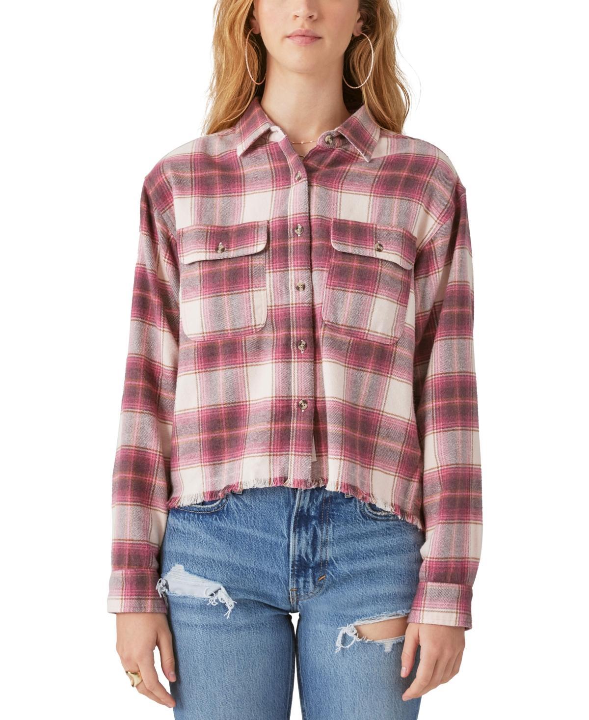 Lucky Brand Raw Edge Plaid Cropped Button-Down Shirt (Cream Plaid) Women's Clothing Product Image