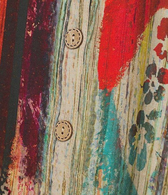 Ali Miles Petite Size Woven Abstract Multi Print Point Collar 3/4 Cuff Sleeve Button Front Tunic Product Image