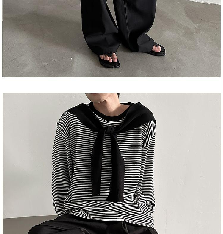 Set: Long Sleeve Round Neck Striped Knit Top + Plain Shawl Product Image