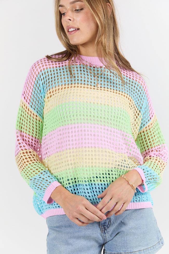 More To Come Open Knit Stripe Crew Neck Sweater Product Image