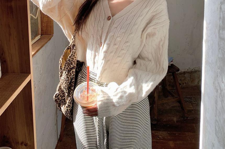 V-Neck Plain Cable Knit Cardigan Product Image
