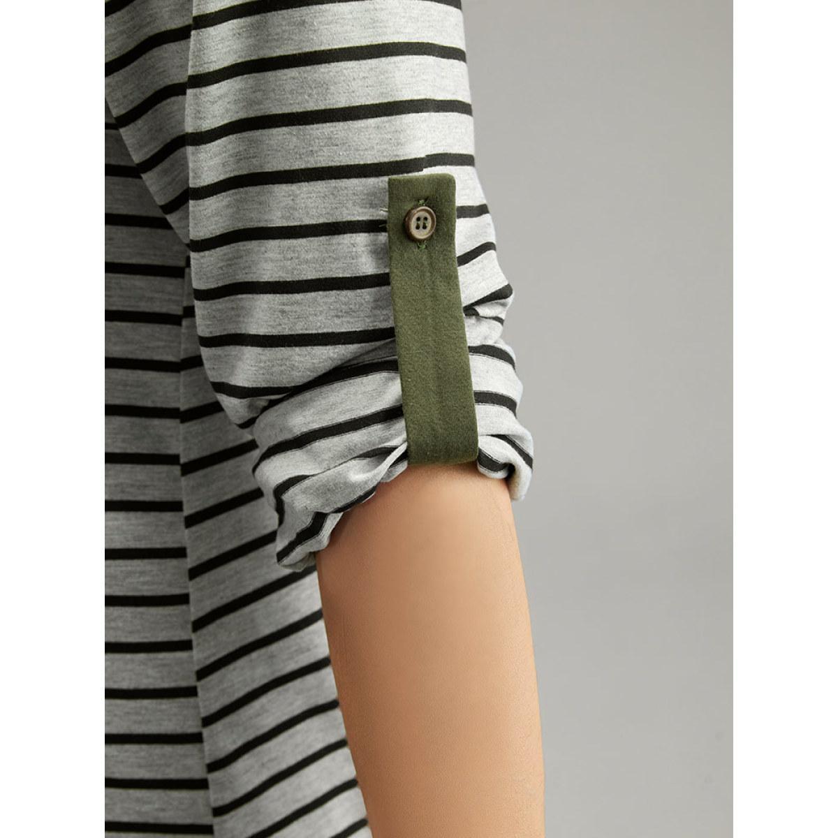 Plus Size Striped Contrast Button Up Tab Sleeve T-shirt Gray Women Casual Contrast Striped Open Front Everyday T-shirts BloomChic 28/5X Product Image