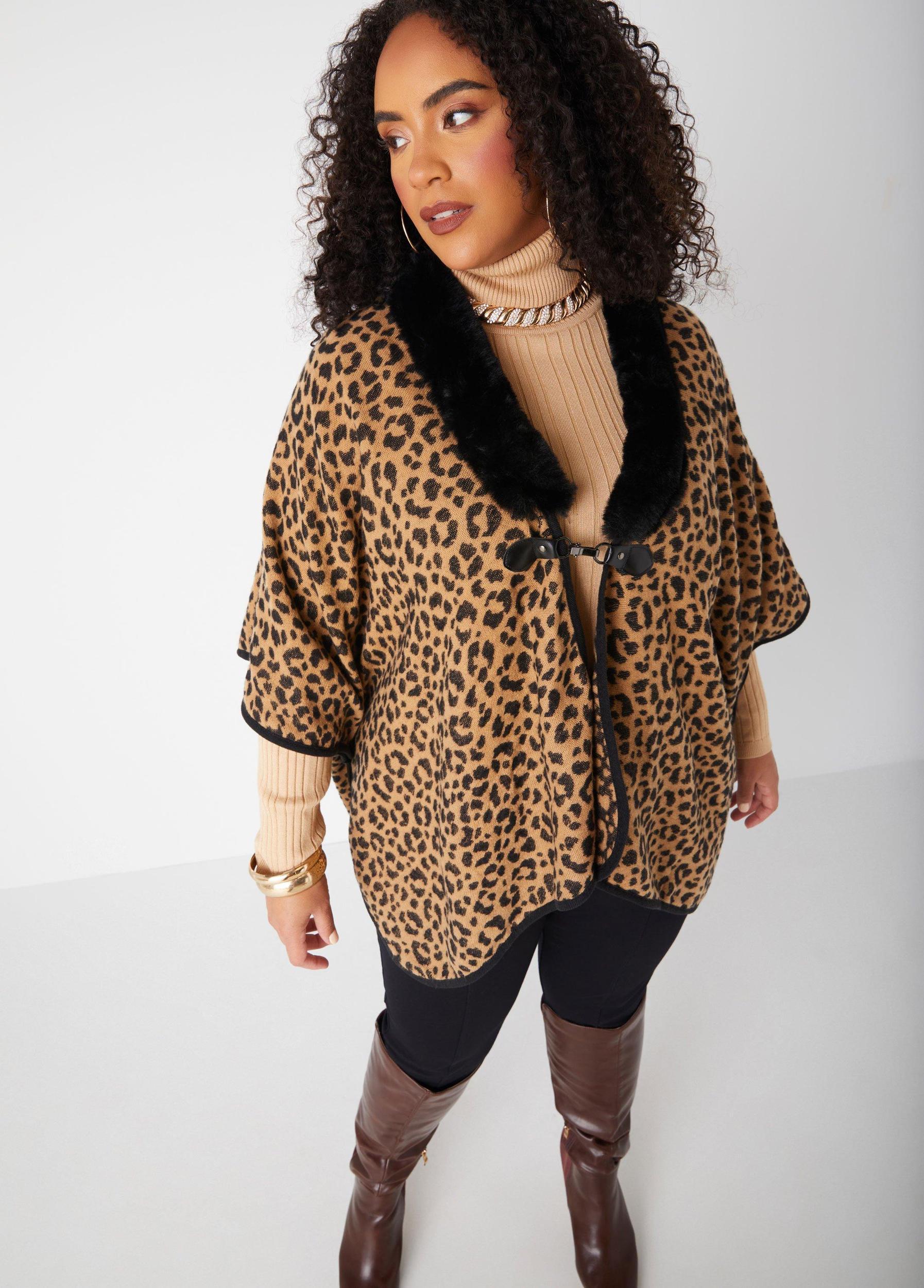 Faux Fur Trimmed Animal Ruana Product Image