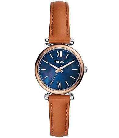 Fossil Carlie Mini Three-Hand Gold Tone Stainless Steel Leather Watch Product Image