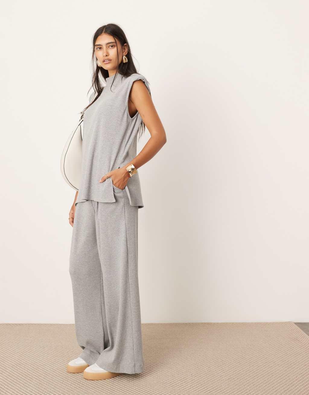 ASOS EDITION premium ribbed jersey pants in gray - part of a set Product Image
