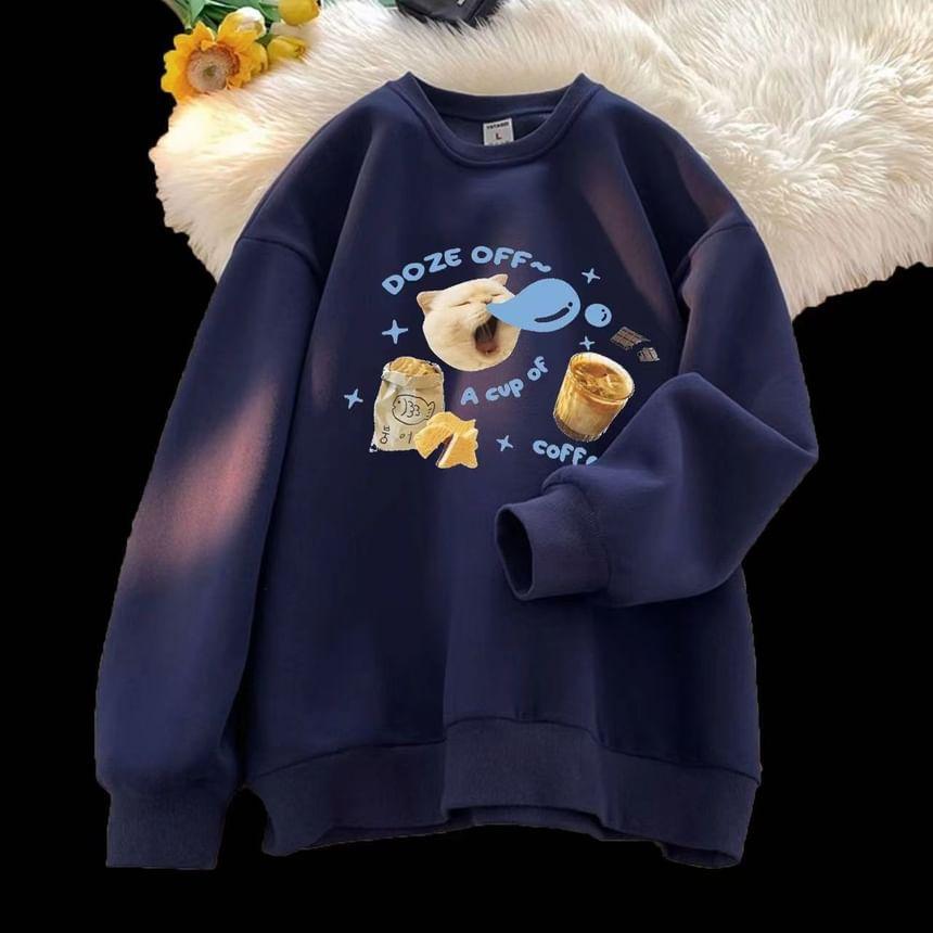 Long Sleeve Cat & Lettering Print Loose-Fit Sweatshirt Product Image
