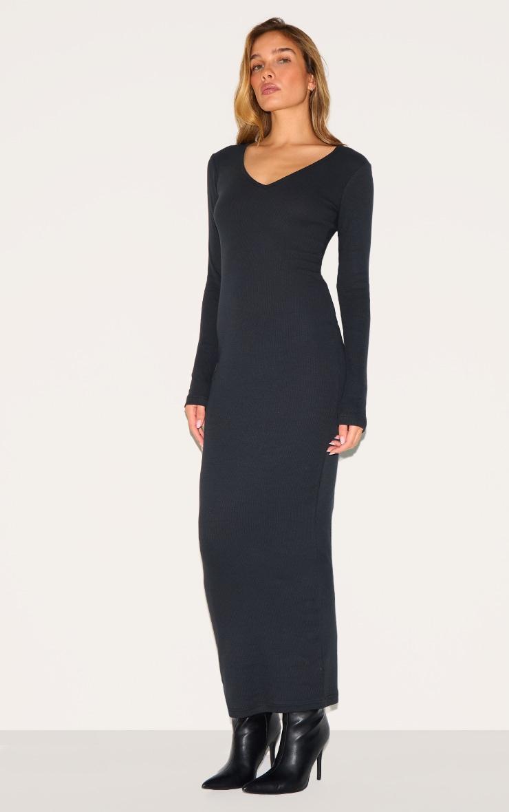 Black Ribbed V Neck Long Sleeve Maxi Dress Product Image