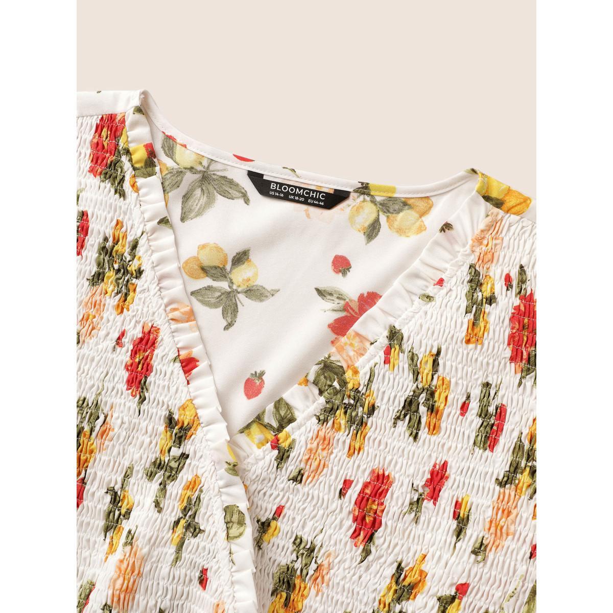 Plus Size Ivory Citrus Lemon Print Elastic Waist Shirred Wrap Ruffles Blouse Women Elegant Short sleeve Overlap Collar Everyday Blouses BloomChic 22-24/3X Product Image