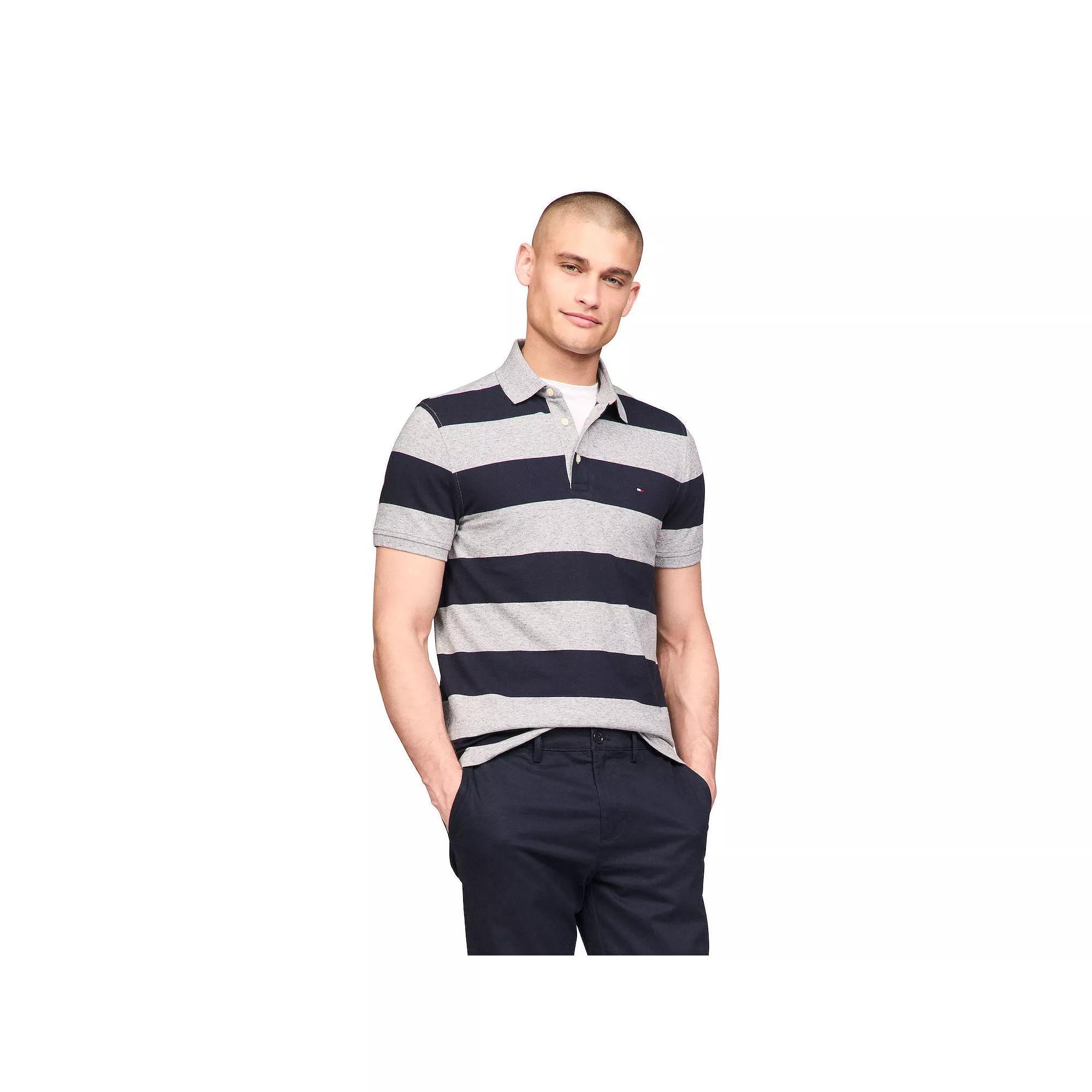 Mens Tommy Hilfiger Slim Fit Colorblock Stripe Polo Gray Grey Product Image