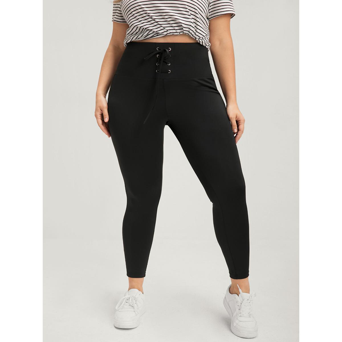 Plus Size Plain Wideband Waist Lace Up Skinny Leggings Women Black Casual High stretch Skinny High Rise Dailywear Leggings BloomChic 18-20/2X Product Image