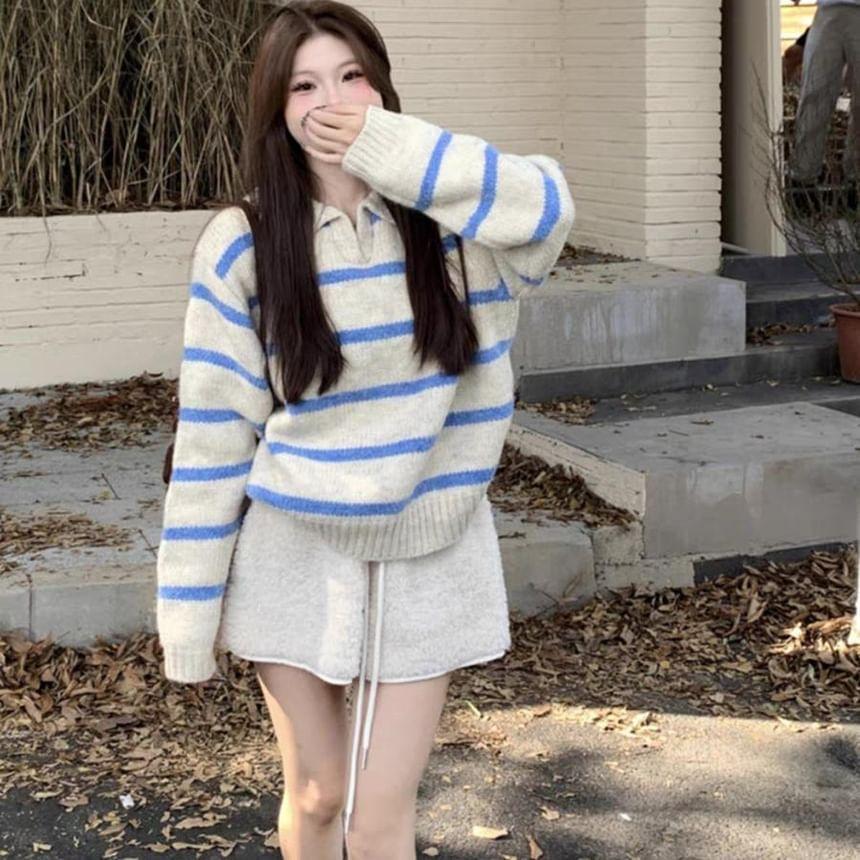 Long-Sleeve Striped Polo-Neck Sweater Product Image
