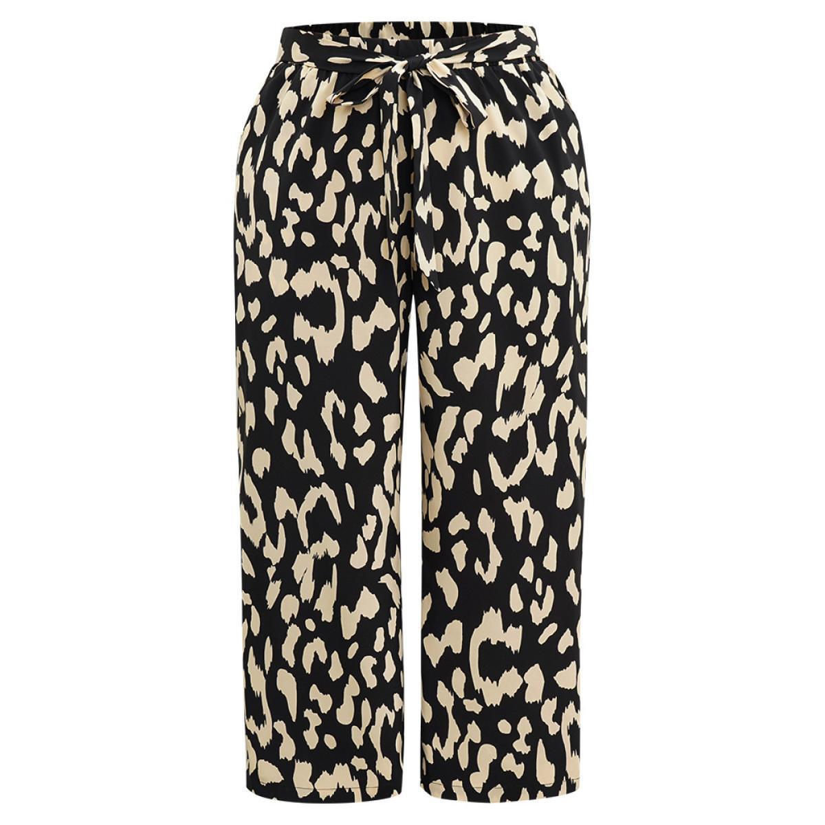 Plus Size Leopard Elastic Waist Ties Wide Leg Pants Women Black Casual Wide Leg High Rise Dailywear Pants BloomChic 26/4X Product Image