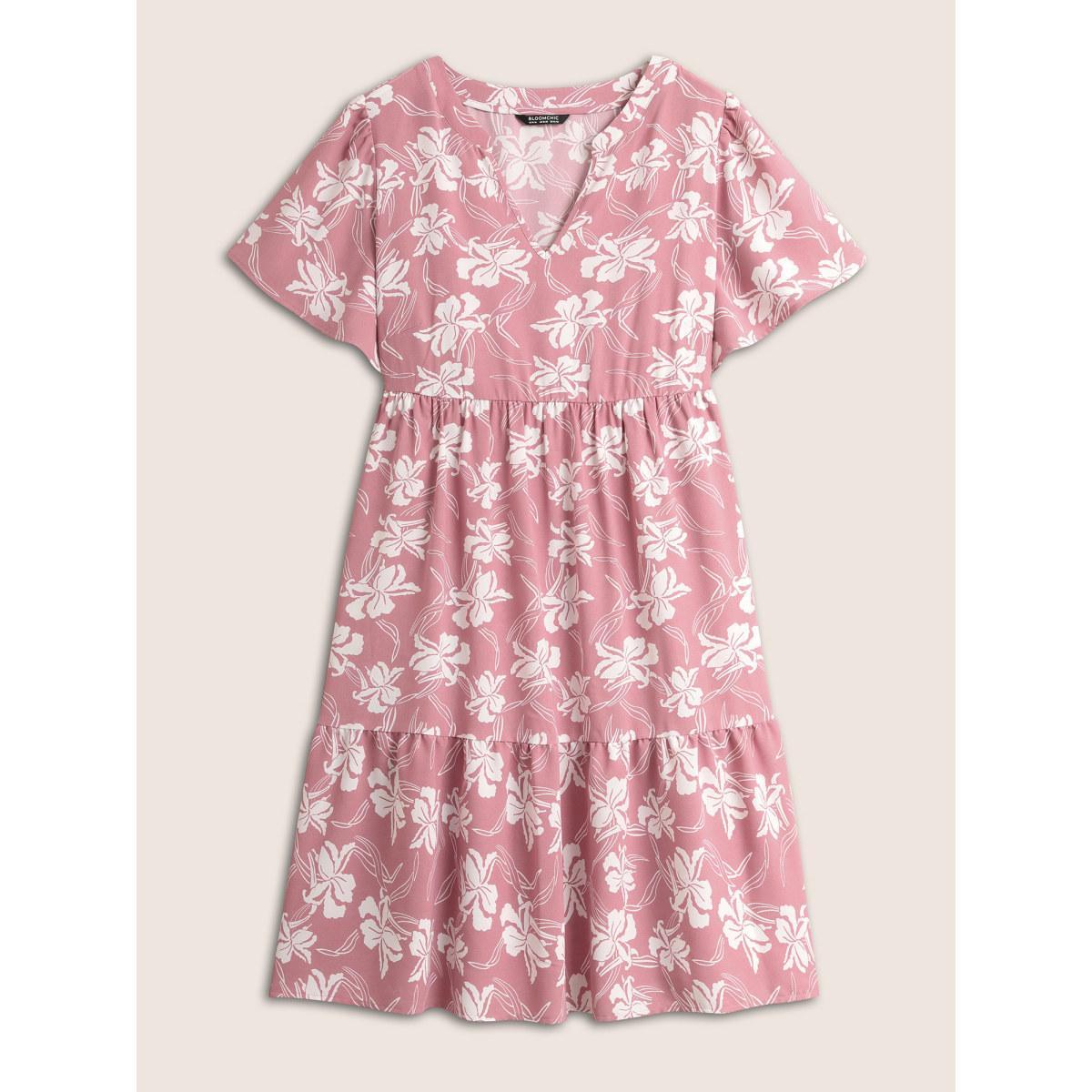 Plus Size Silhouette Floral Print Notched Collar Pleated Dress Crepe Women Elegant Non Notched collar Short sleeve Curvy Midi Dress BloomChic 28/5X Product Image