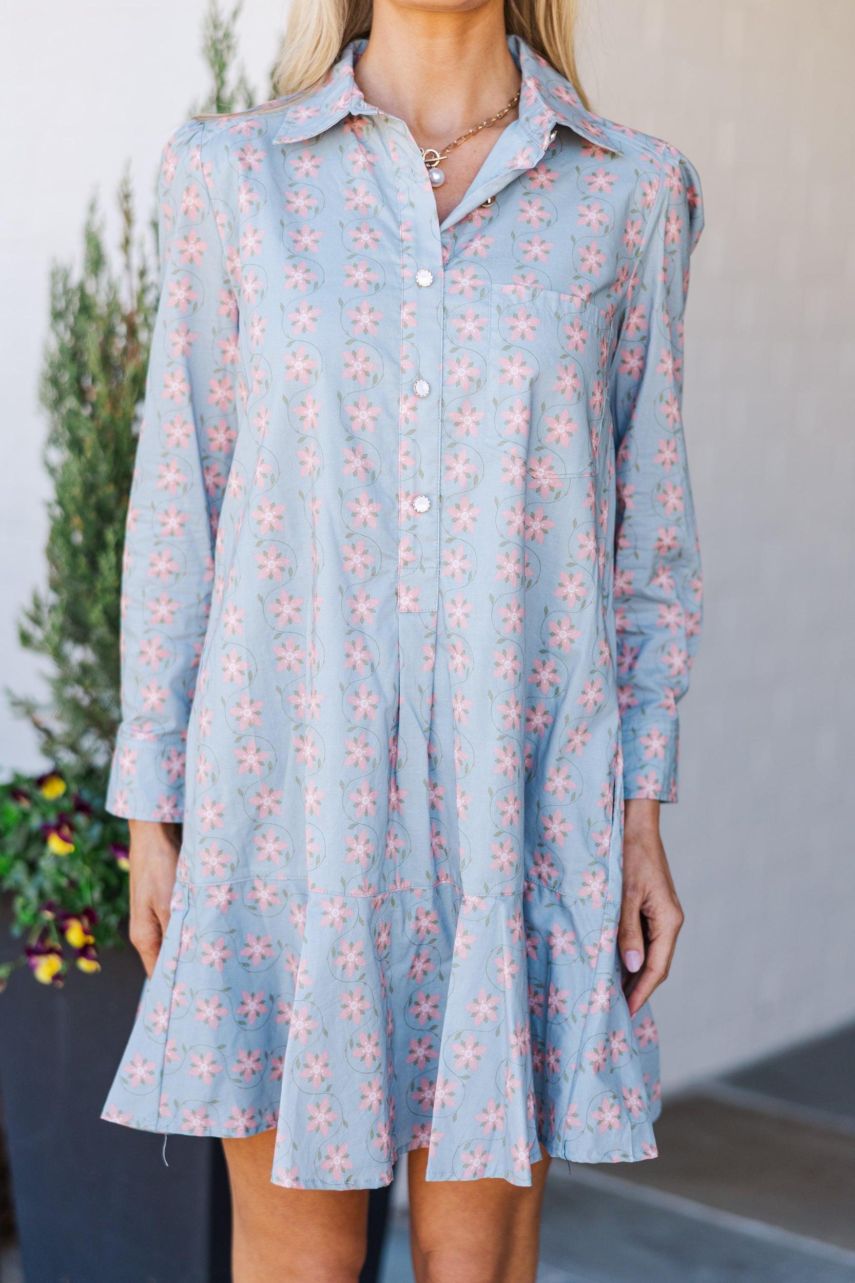 Share Your Story Light Blue Floral Shirt Dress Female Product Image