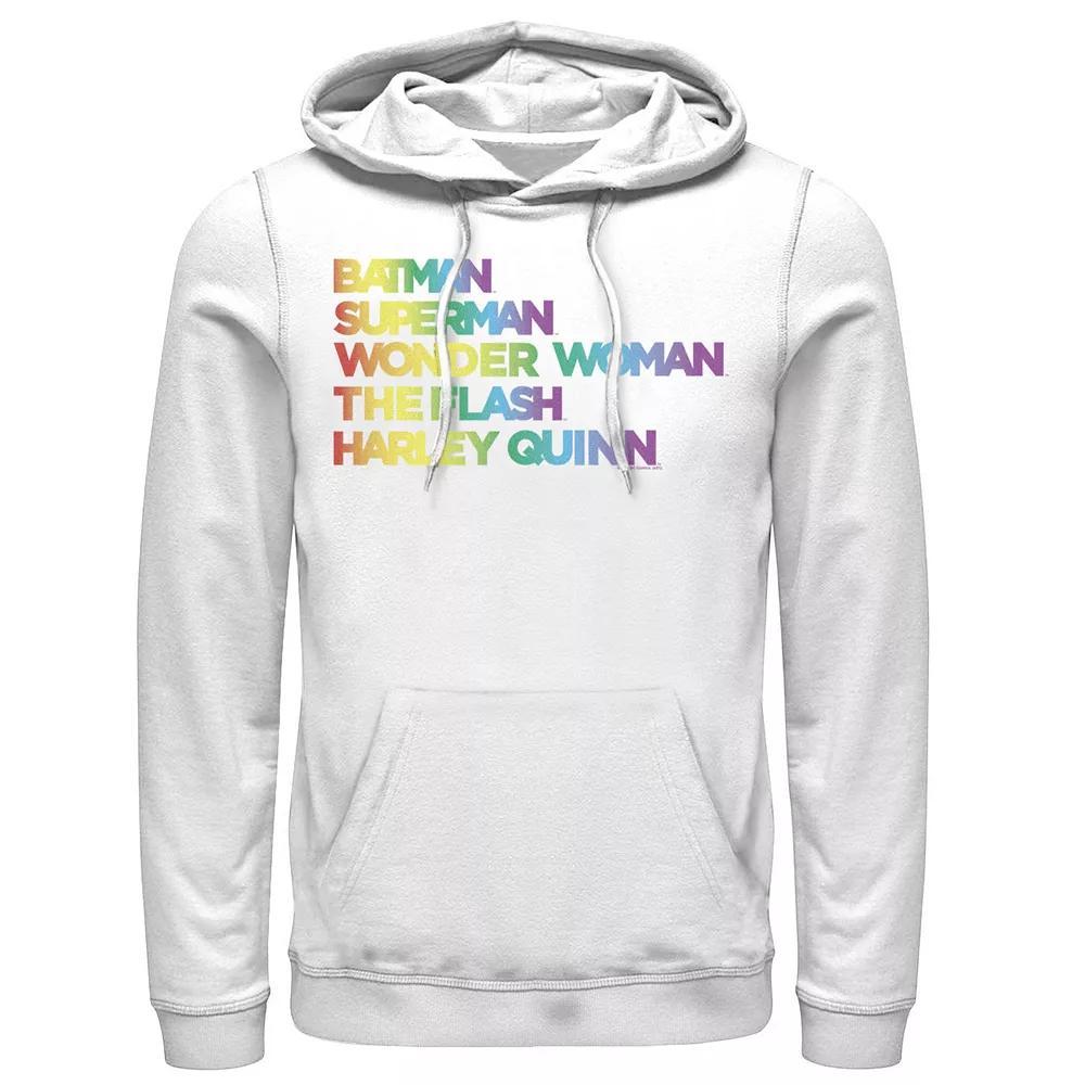 Men's Justice League Member Graidient Rainbow Word Stack Hoodie, Size: Small, White Product Image