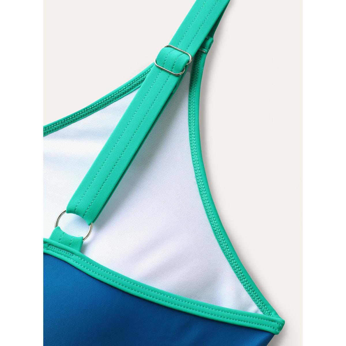 Plus Size Color Contrast V-Neck Swim Top Women's Swimwear Cerulean Beach High stretch Skinny U-neck Curve Swim Tops BloomChic 26/4X Product Image