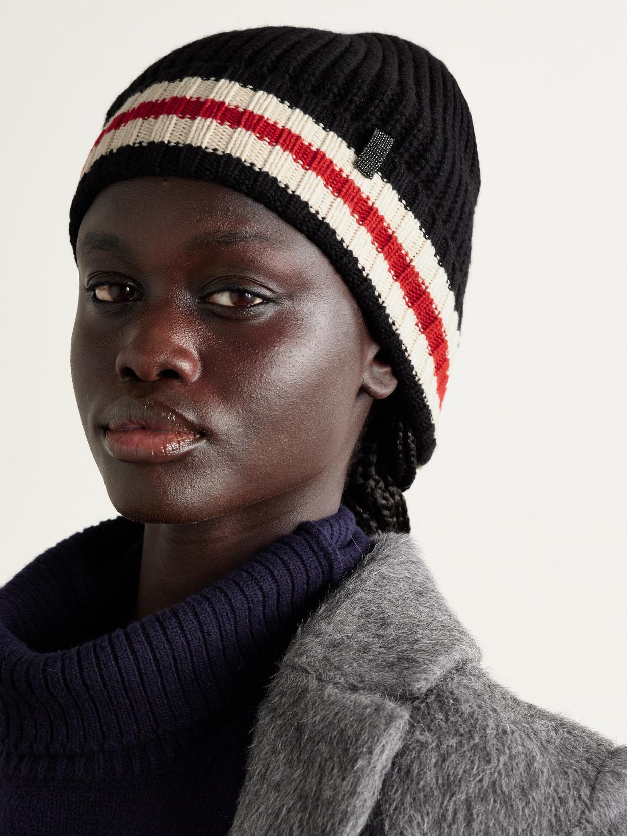 BRUNELLO CUCINELLI Bead-embellished Striped Ribbed Cashmere Beanie In Blue Product Image