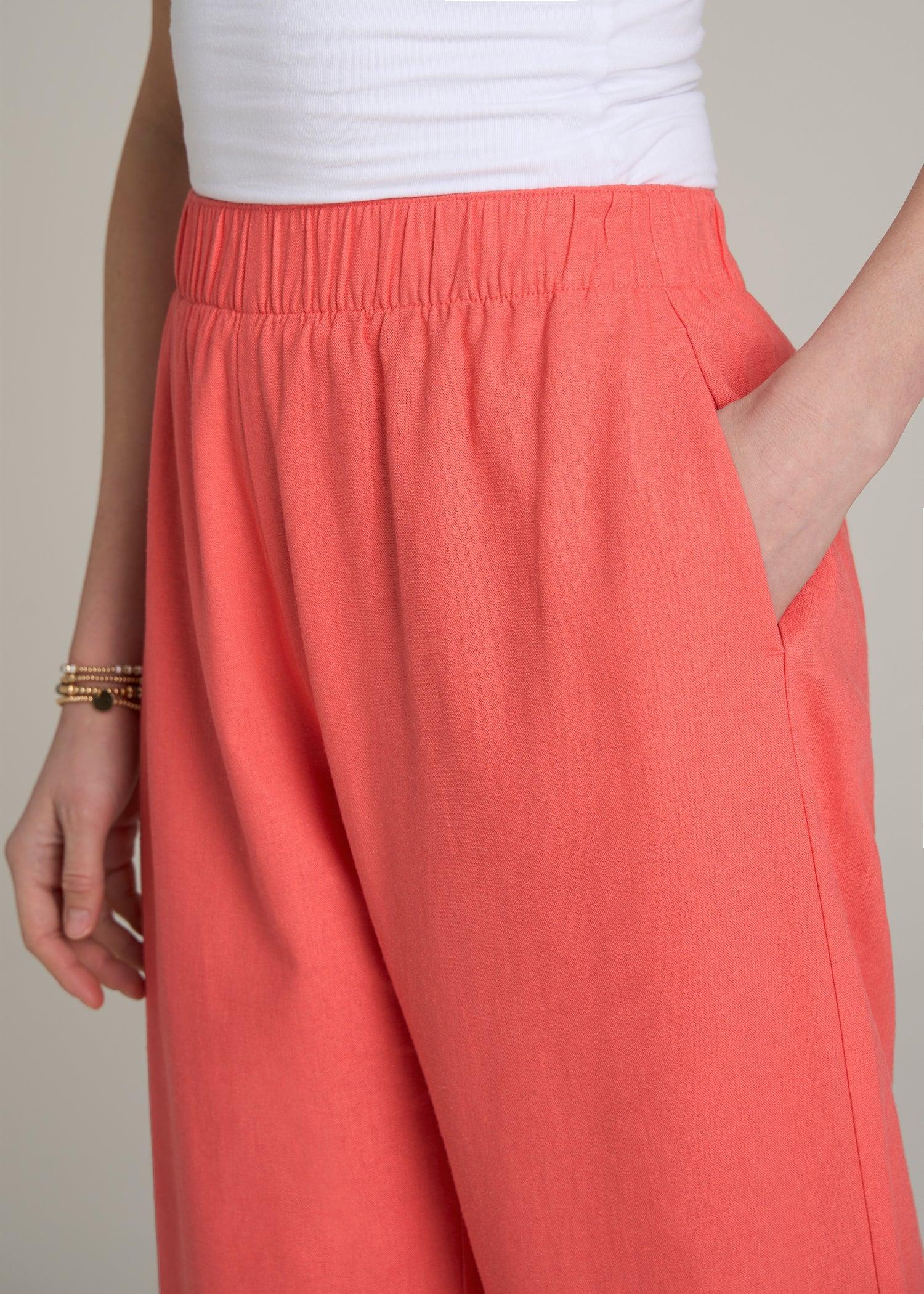 Pull On Wide Leg Linen Pants for Tall Women in Sunset Coral Product Image