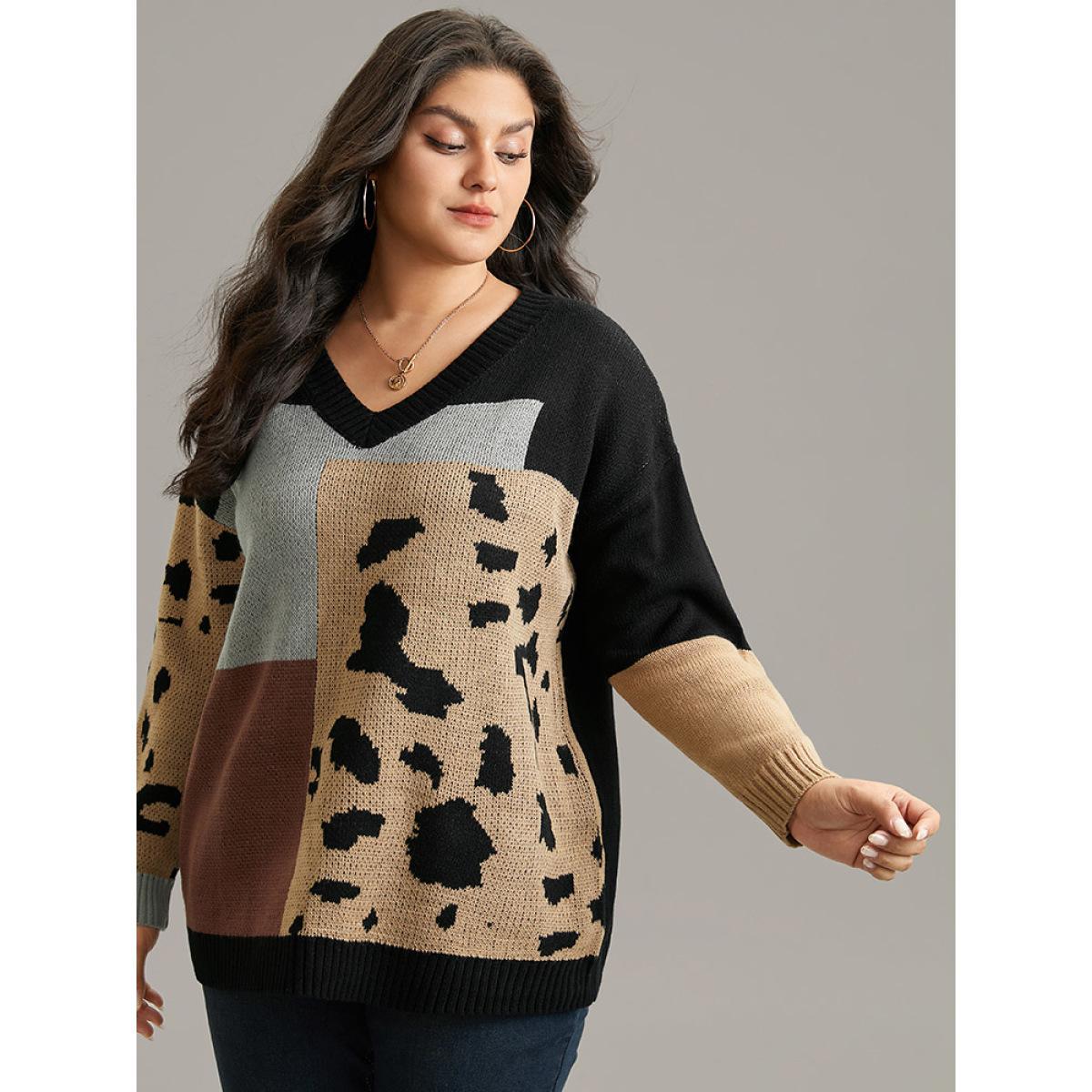 Plus Size Leopard Colorblock Contrast Pullover Black Women Casual Loose Long Sleeve V-neck Everyday Pullovers BloomChic 12/L Product Image