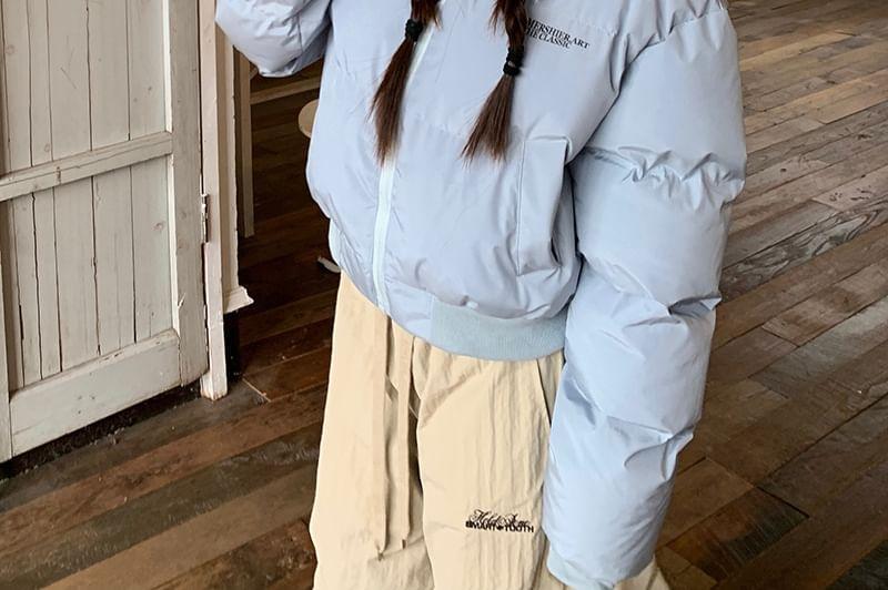 Fluffy Collar Zip-Up Crop Puffer Jacket / Drawstring Waist Lettering Embroidered Wide Leg Cargo Pants Product Image
