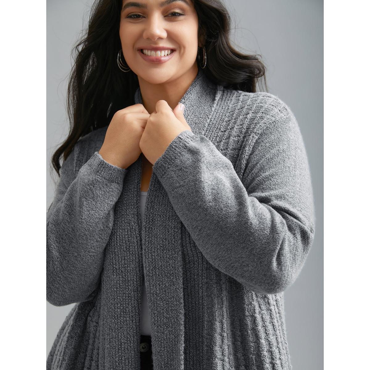 Plus Size Folded Kimono Collar Plain Plisse Cardigan DarkGray Women Casual Loose Long Sleeve Everyday Cardigans BloomChic 12/L Product Image