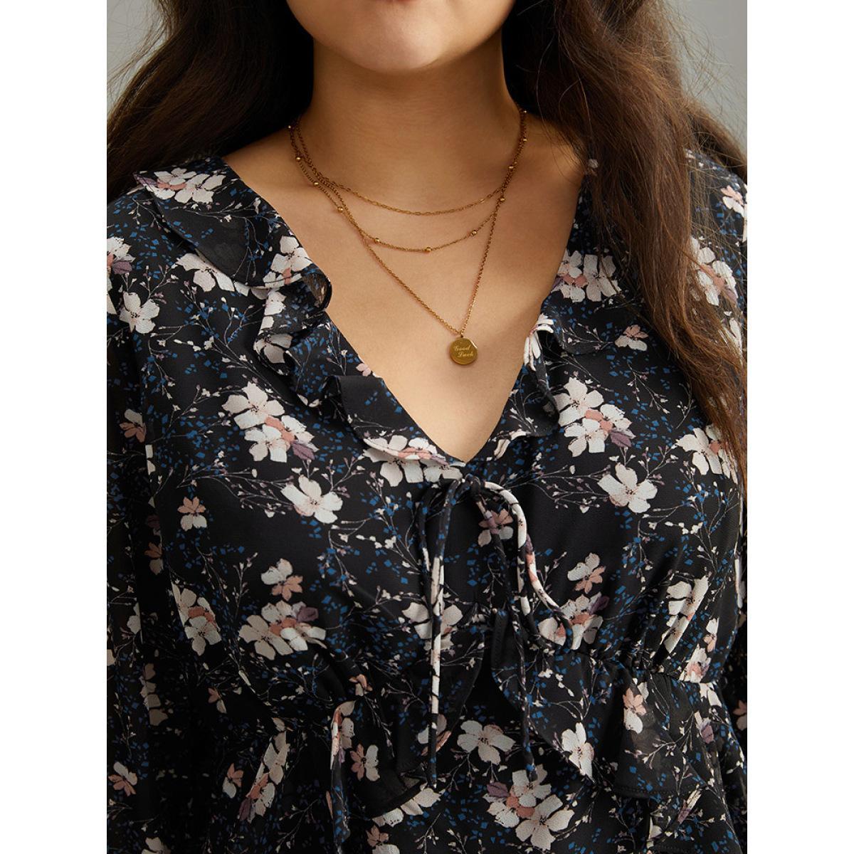 Plus Size BlackFlower Ditsy Floral Ties Ruffles Elastic Waist Blouse Women Elegant Long Sleeve V-neck Dailywear Blouses BloomChic 26/4X Product Image