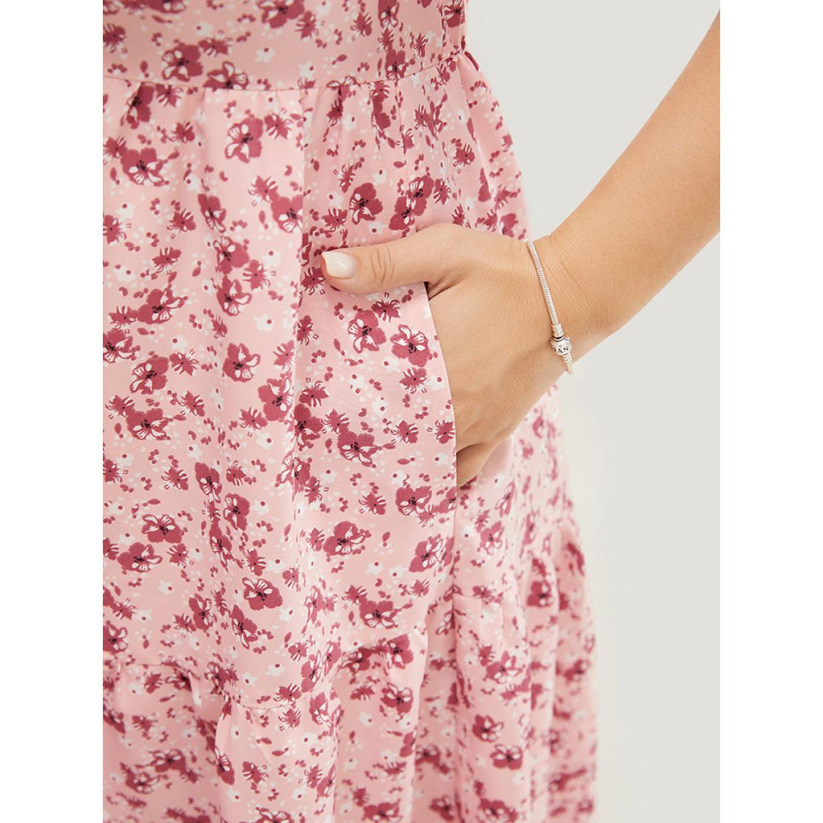 Plus Size Ditsy Floral Ruffle Tiered Pocket Ruched Puff Sleeve Drawstring Dress Watermelon Women Elegant Non Square Neck Short sleeve Curvy BloomChic 10/M Product Image