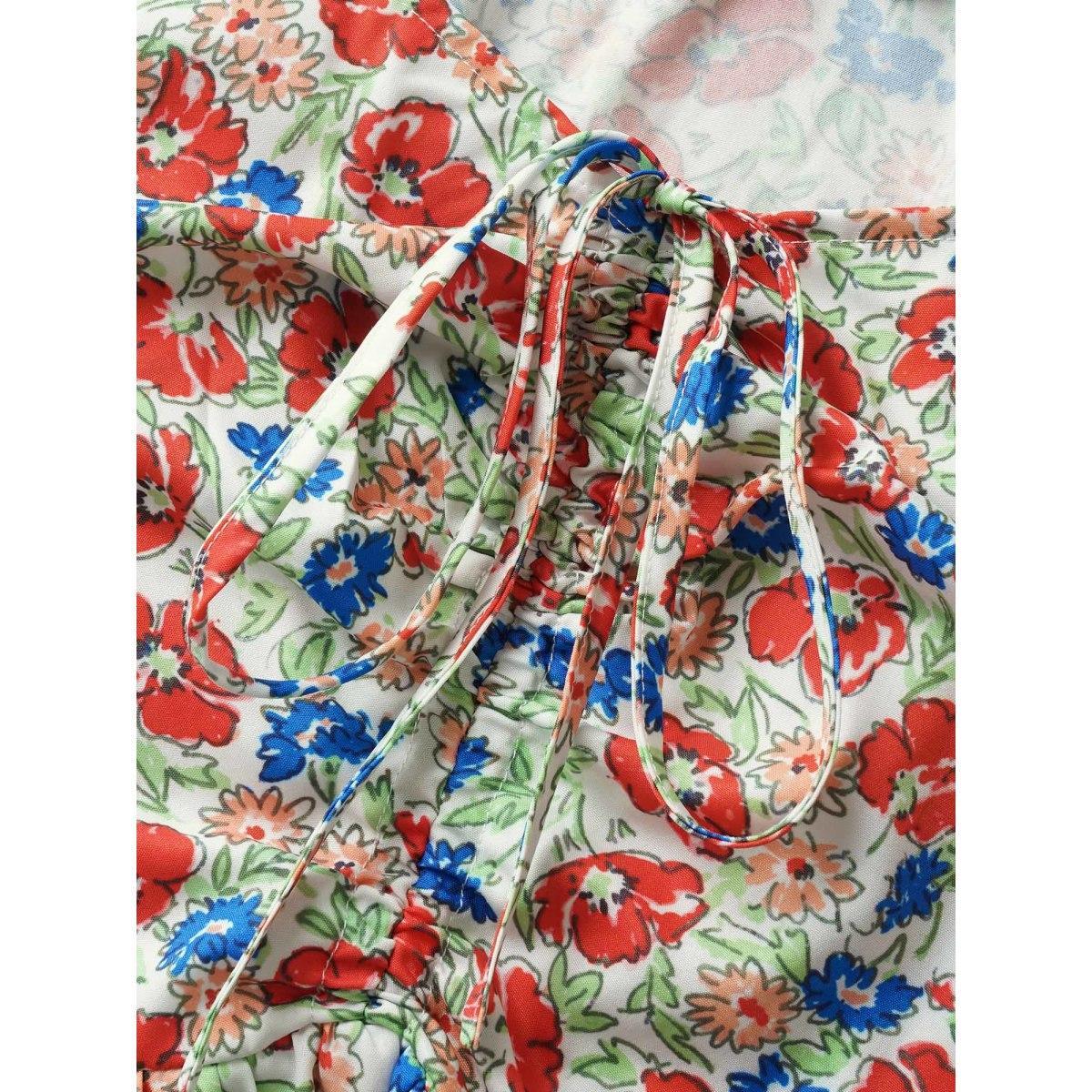 Plus Size Heart Neckline Ditsy Floral Tie Knot Drawstring Dress Multicolor Women Elegant Tie knot Heart neckline Short sleeve Curvy BloomChic 30/6X Product Image