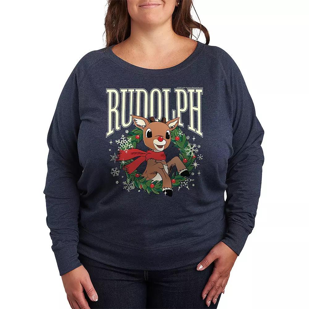 Plus Size Rudolph Wreath French Terry Long Sleeve Tee, Womens Grey Indigo Product Image
