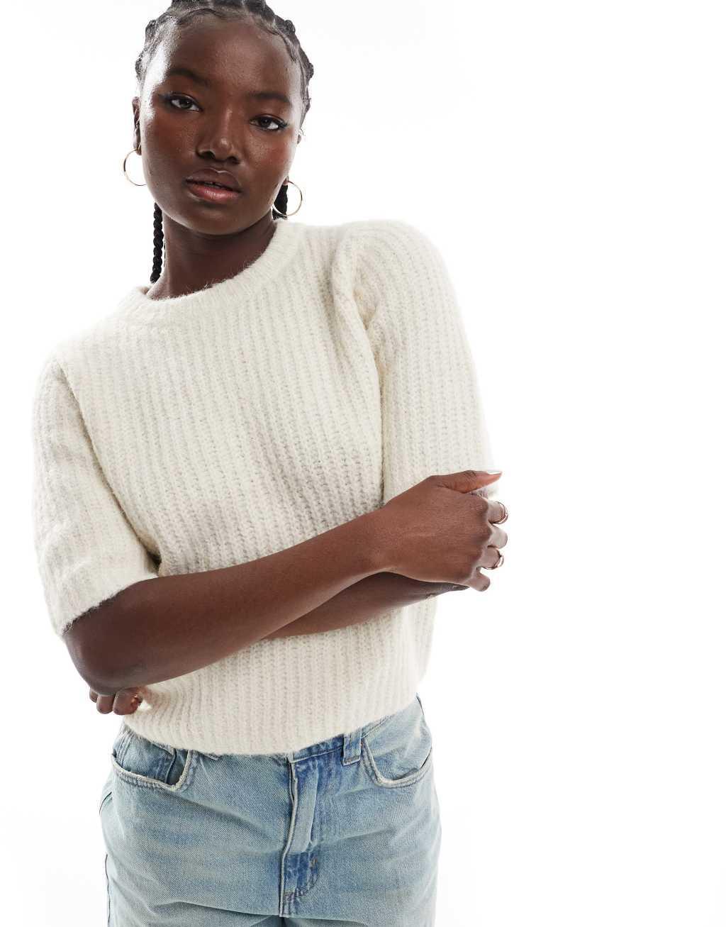 Vero Moda chunky rib knit t-shirt in cream Product Image