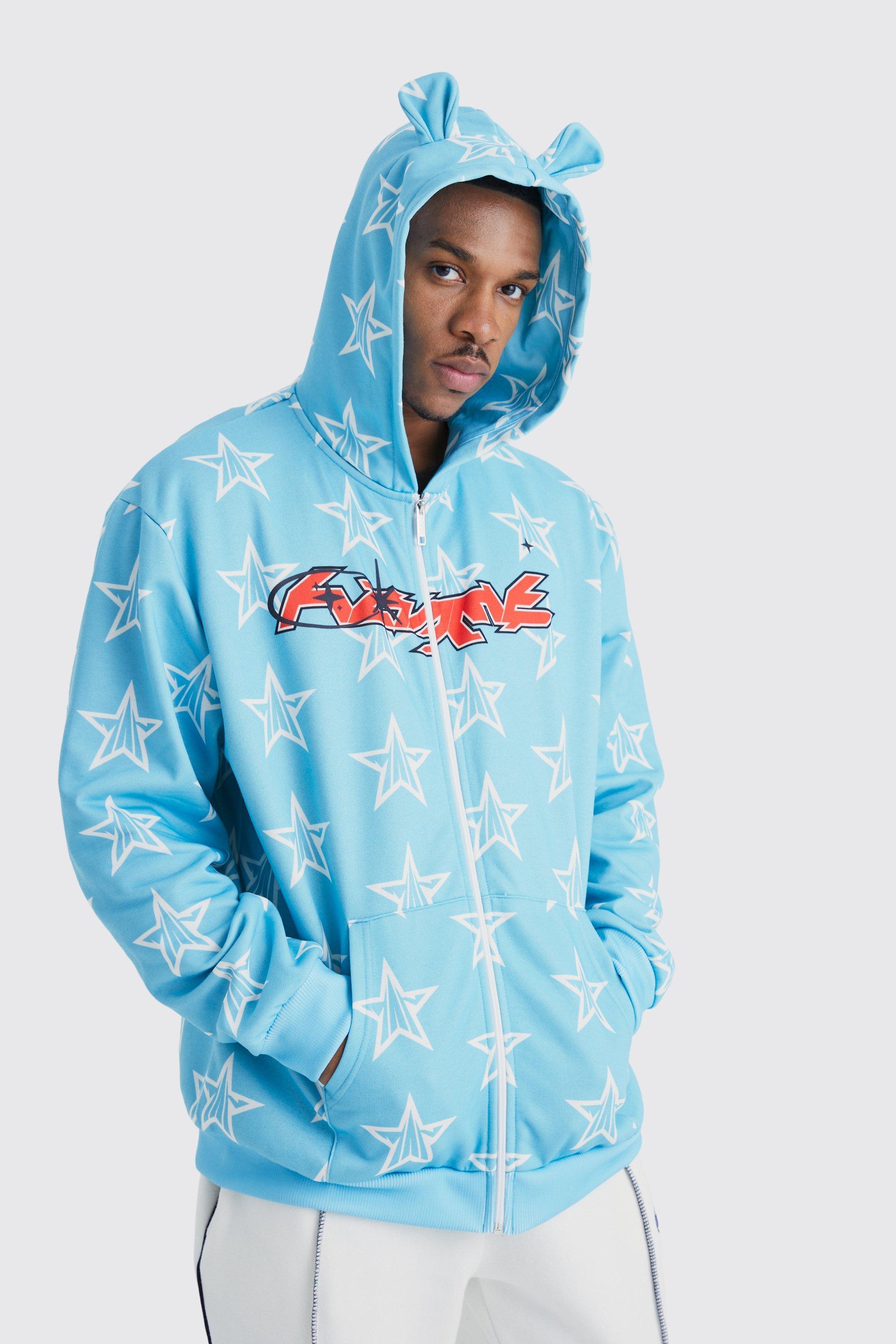 Oversized Bear Ears Printed Zip Through Hoodie | boohooMAN USA Product Image