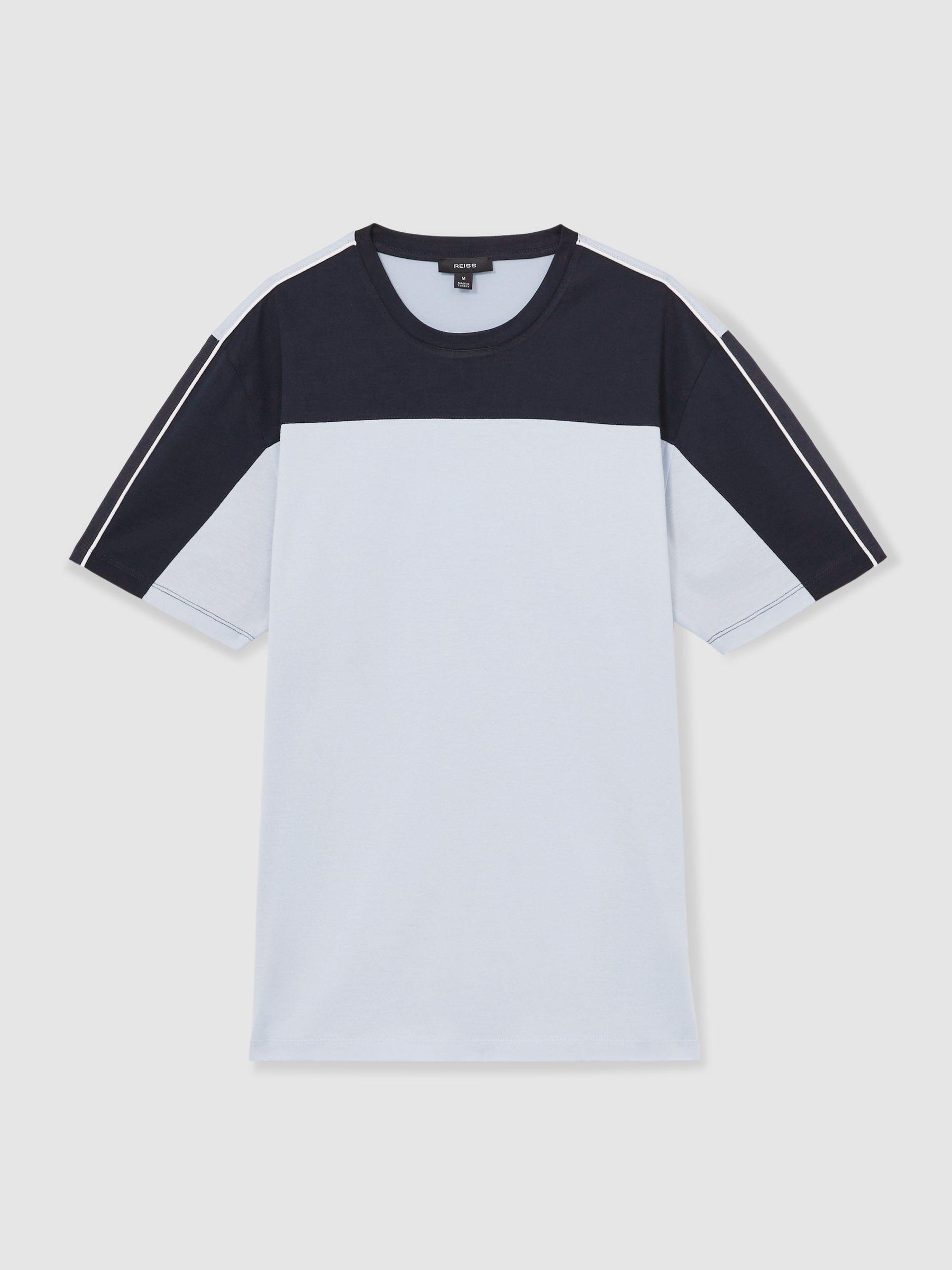 Mercerised-Cotton Colour-Block T-Shirt in Soft Blue/Navy Product Image