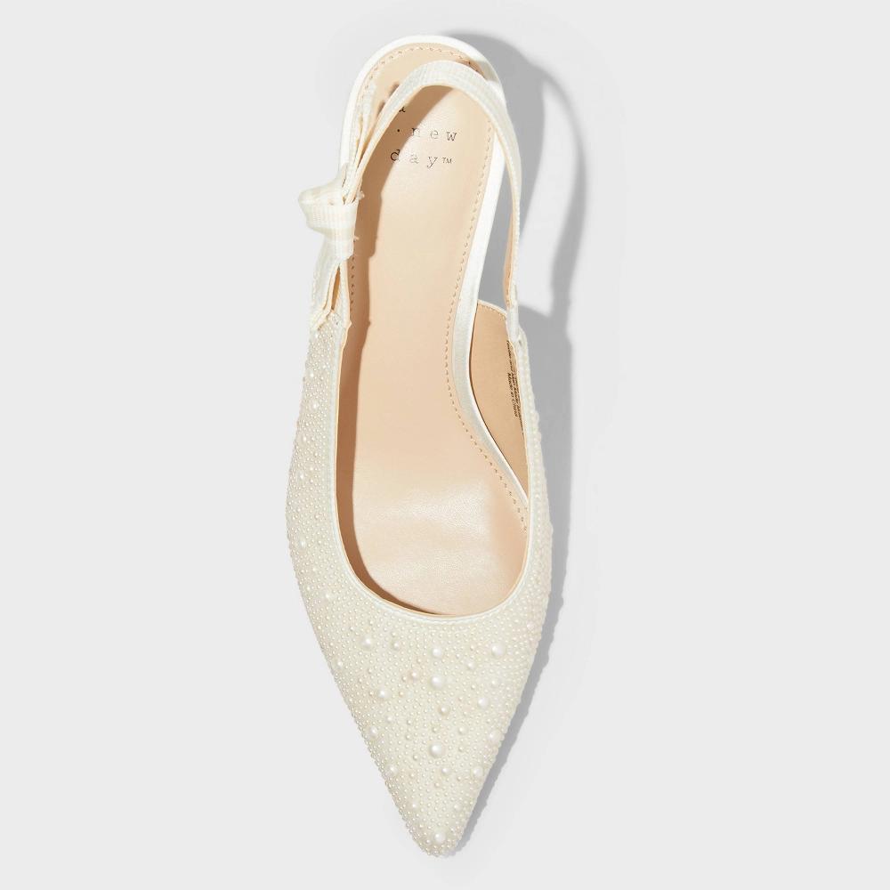 Women's Milan Pearl Slingback Heels - A New Day™ Ivory 9.5: Satin Pointed Toe, Cushioned Insole, Textured Outsole Product Image